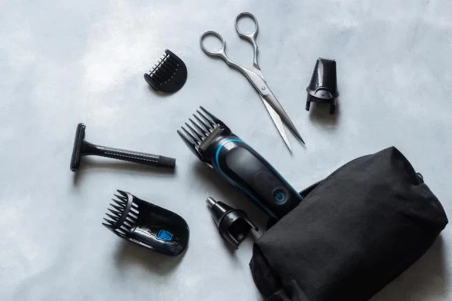 Beard and hair trimmer, charge clipper machine with shaving accessories, top view