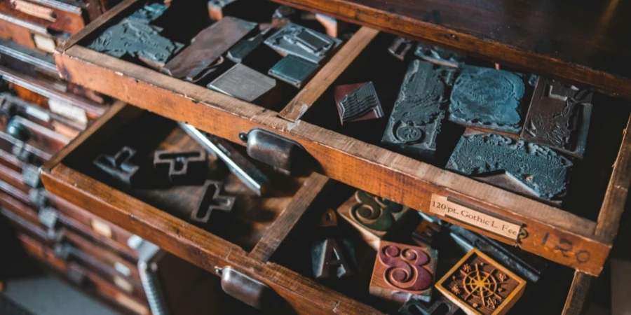 Cabinet drawers with various vintage letterpress