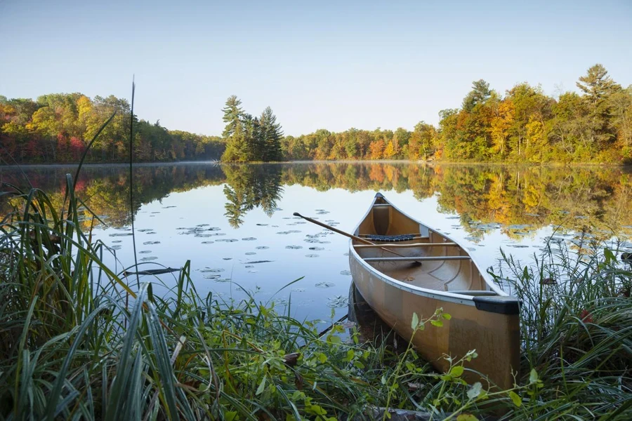 Canoe with paddle on shore of beautiful lake with island in northern Minnesota