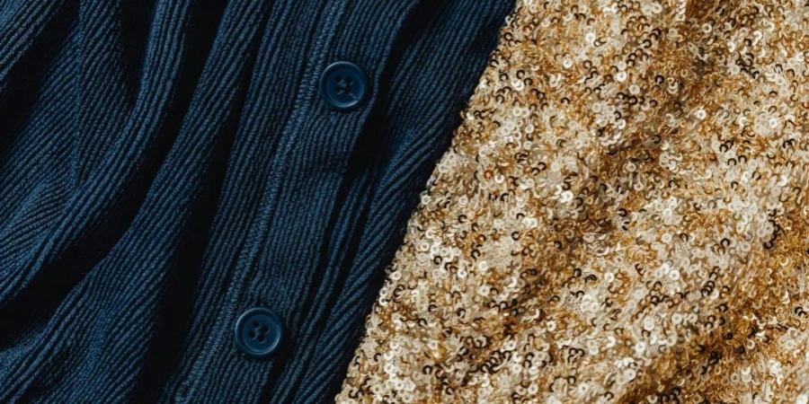 Close-Up Shot of a Dark Blue Knitwear and Gold Sequins