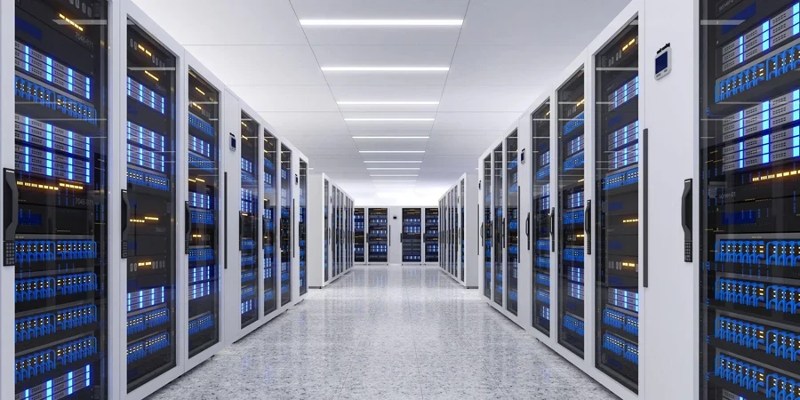 Data Center With Multiple Rows of Fully Operational Server Racks