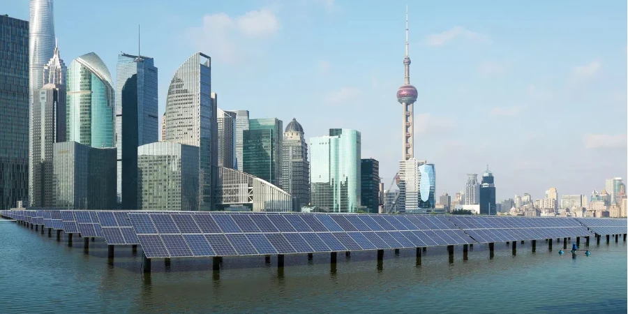 Eco-environmentally friendly green energy of sustainable development of solar power plant with Shanghai skyline