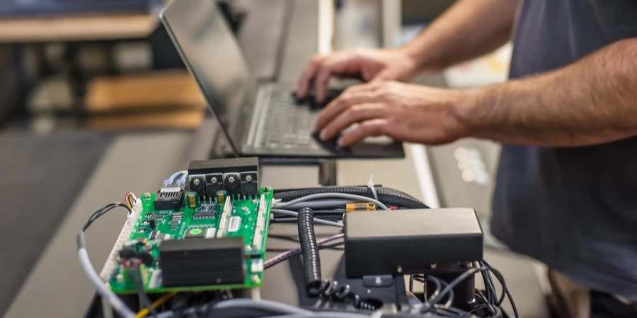 Engineer technician inspect system with laptop computer