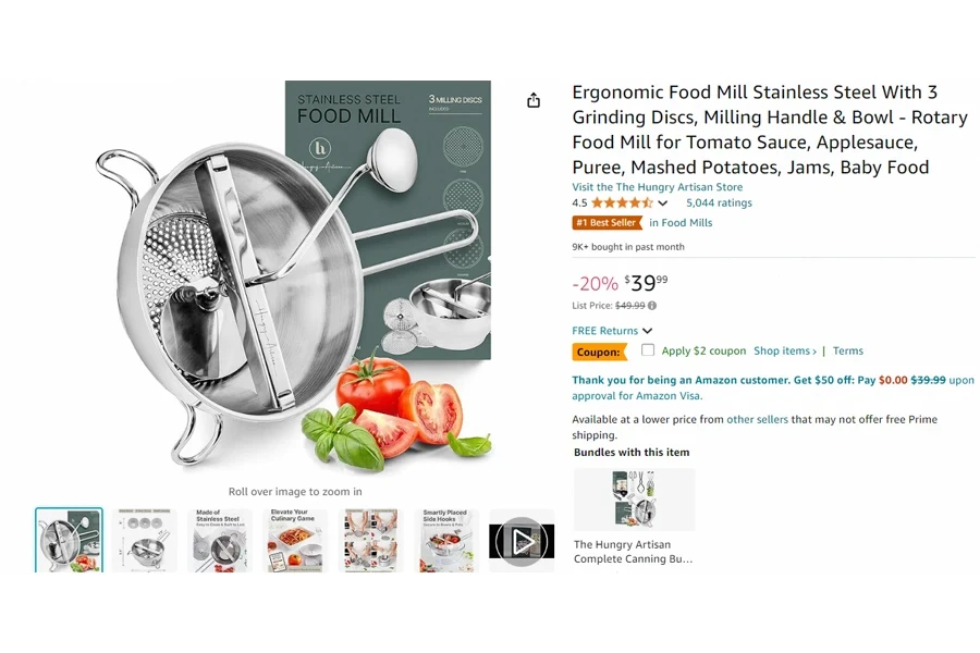 Ergonomic Food Mill Stainless Steel with 3 Grinding Discs