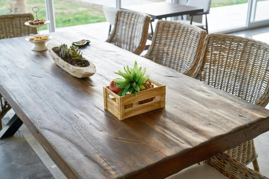 Farmhouse dining set with rattan dining armchairs