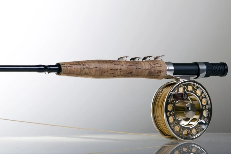 Fly fishing rod and reel with four different nymphs