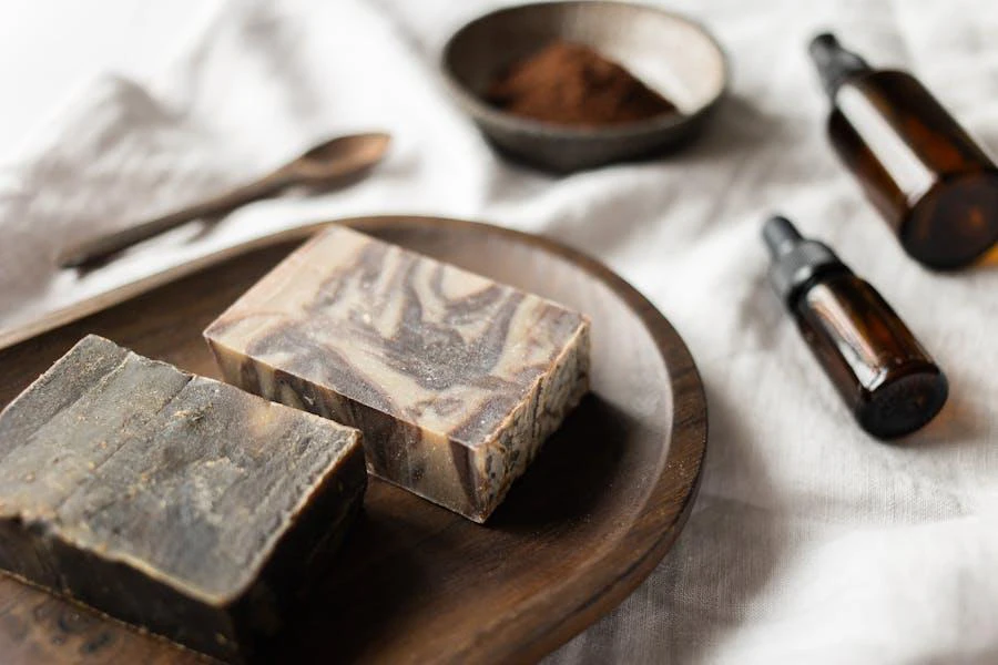 Handmade solid brown soap near skincare powder