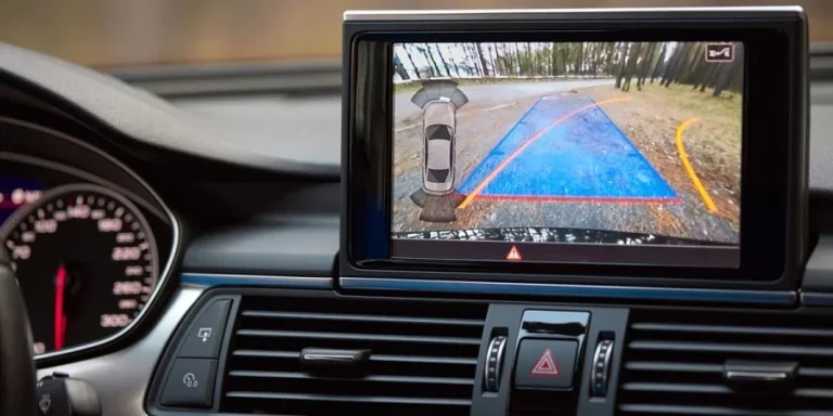 Interior of premium car with rearview camera dynamic trajectory turning lines and parking assistant steering wheel turned right