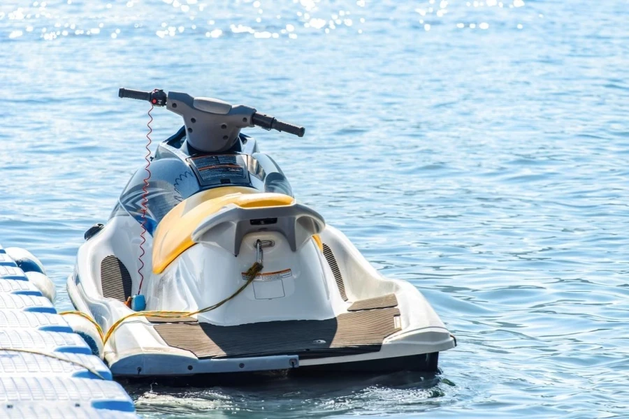 Jet ski moored a floating dock on serene waters