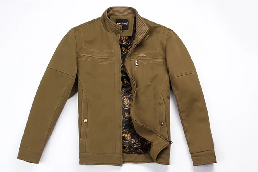 Khaki leather jackets with open zip