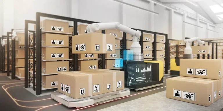 Large warehouses use robotic arms and delivery robots to pick up the goods.