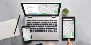 Location tracker concept on laptop, tablet and smartphone screen