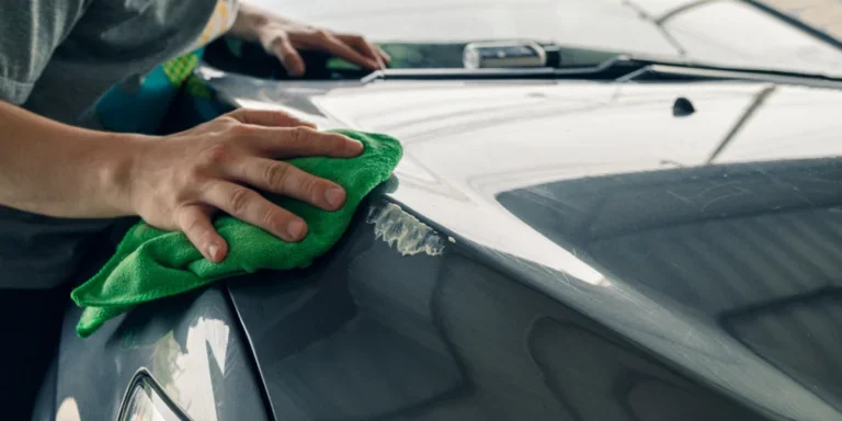 Man cleaning scratch on gray car