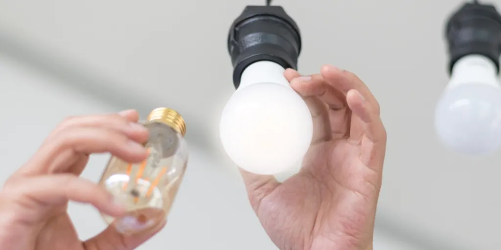 Man replacing compact-fluorescent (CFL) bulbs with new LED light bulb