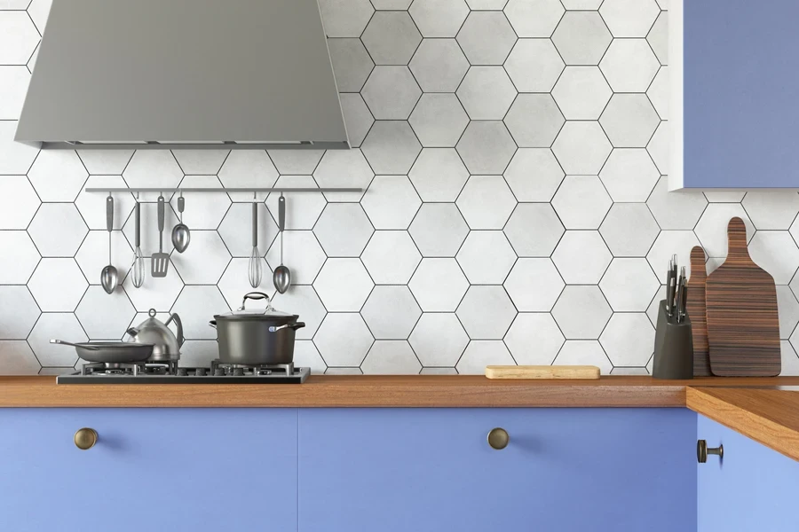 Modern blue kitchen counter with steel backsplash