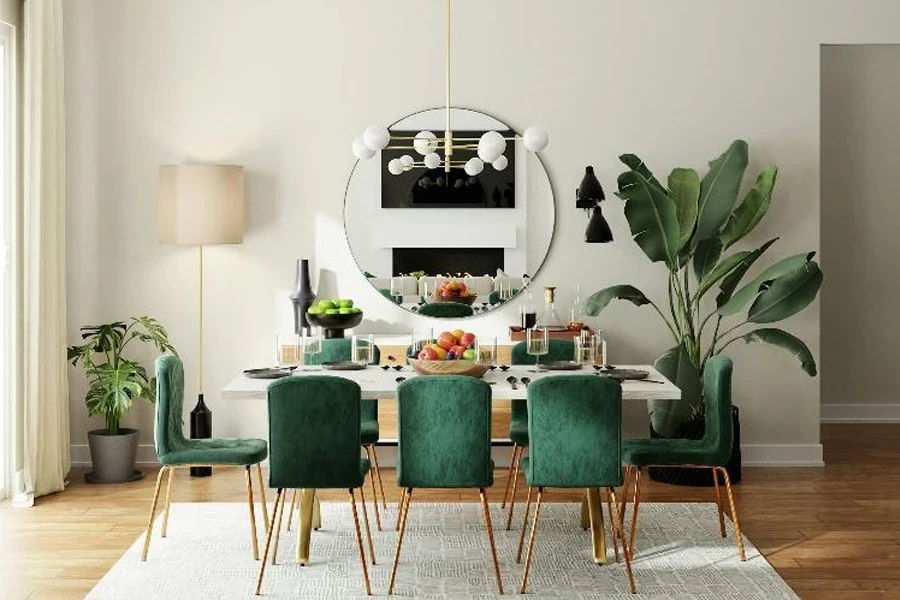 Modern dining room with green velvet dining chairs