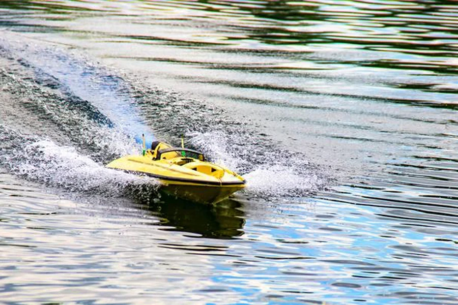 Remote controlled model of a racing boat in action