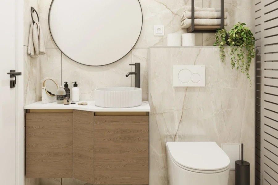 Rustic pipe shelf above the toilet in a bathroom