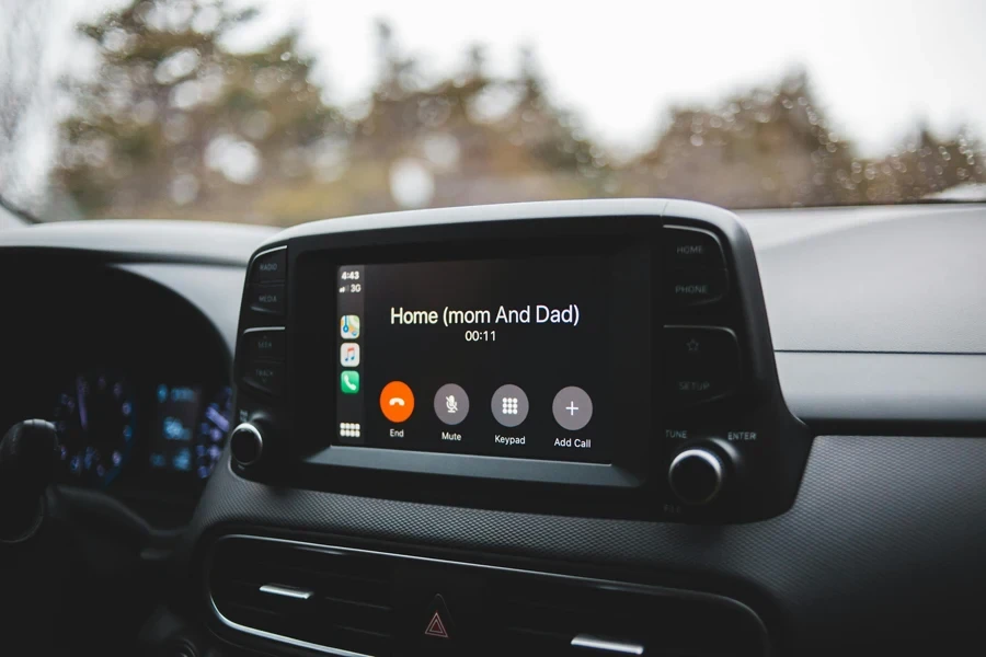 Screen of modern multimedia system in car with hand free call to home