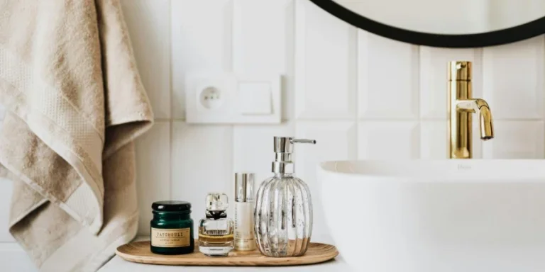 Set of Skin Care Products in Contemporary Bathroom