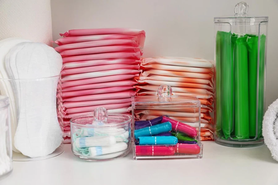 Storage of different feminine hygiene products in cabinet