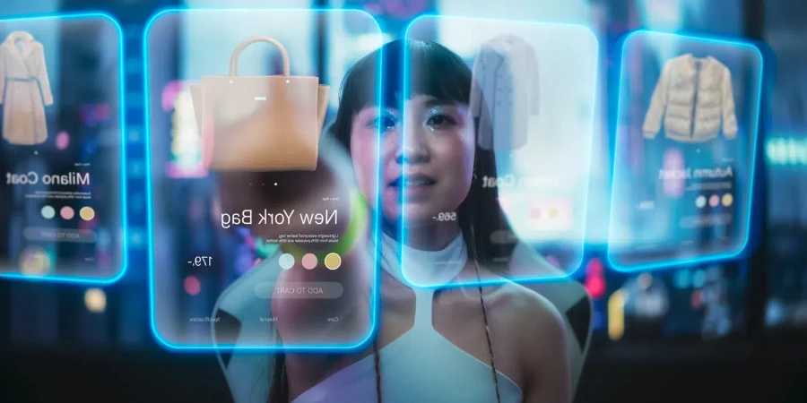 Stylish Japanese Young Woman Interacting with Augmented Reality Platform