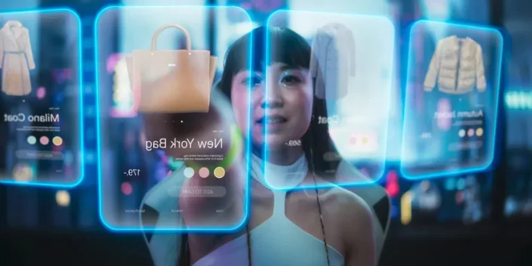 Stylish Japanese Young Woman Interacting with Augmented Reality Platform