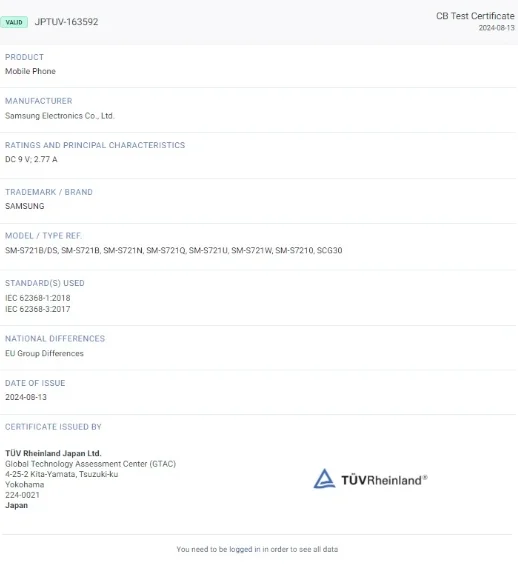 TUV Rheinland certification of Samsung Galaxy S24 FE