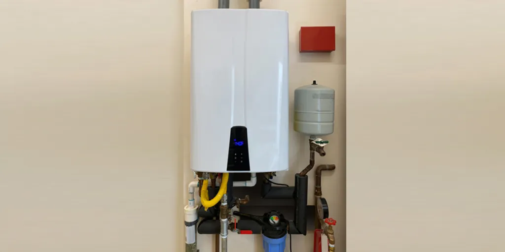 Tankless water heater mounted on a wall