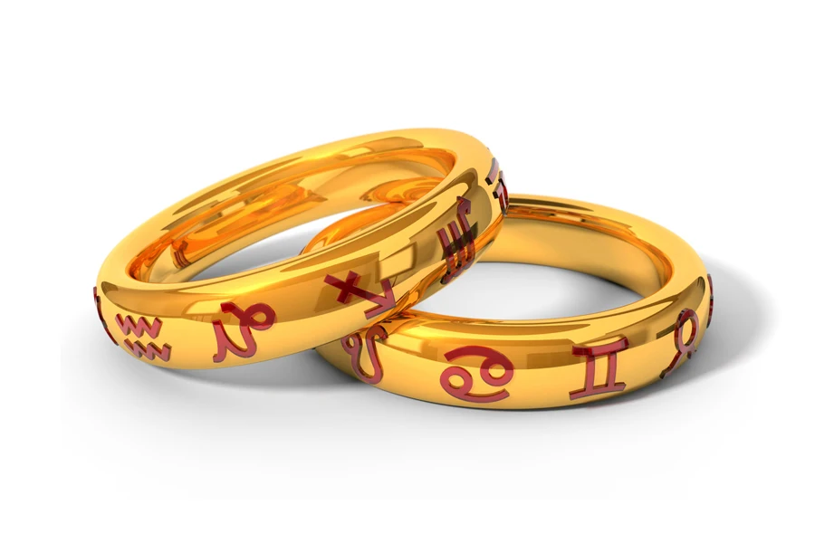 Two gold rings with the 12 signs of the zodiac