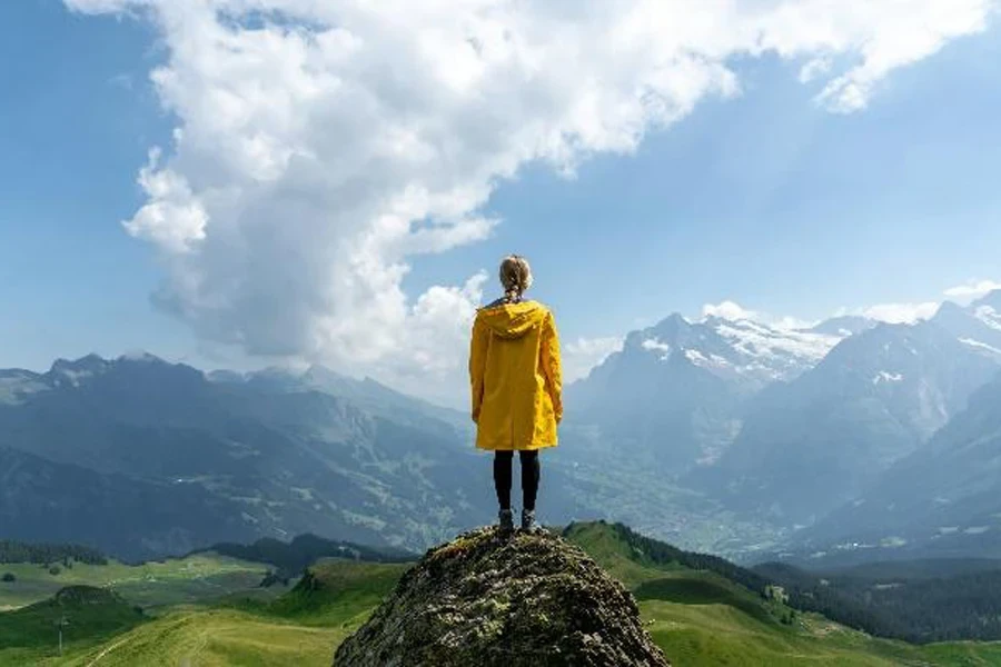 Woman hiking in yellow waterproof jacket