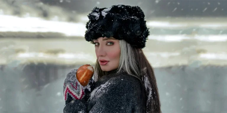Woman wearing a beautiful, furry black hat