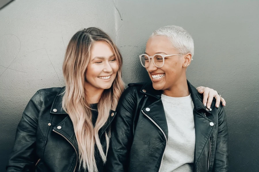 Women in black leather motorbike jackets