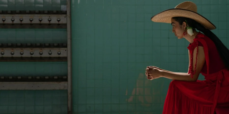 Young Woman Wearing a Red Dress and a Hat Sitting in a Room