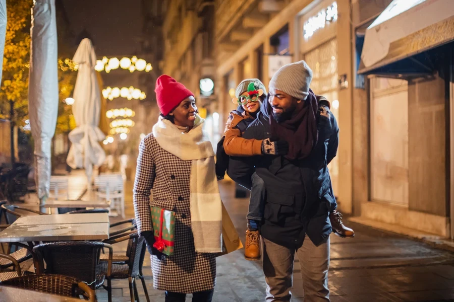 Young family dressed stylishly for cold outdoor weather