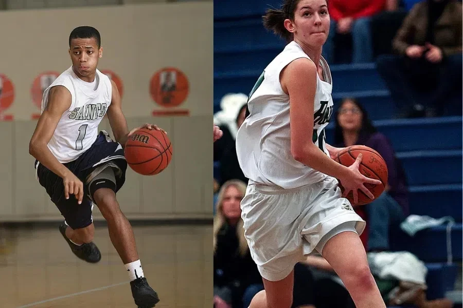 A boy and a girl playing basketball appropriate to their age and gender