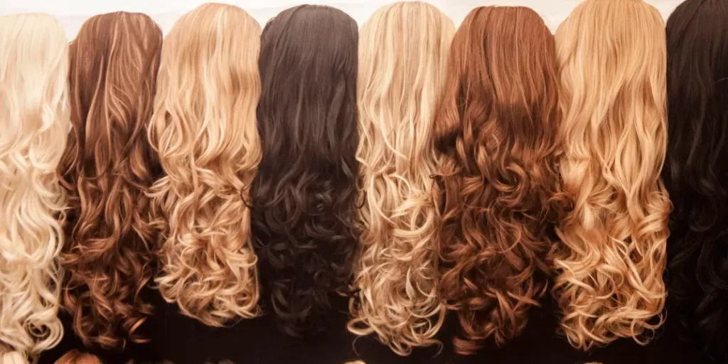 A bunch of styled wigs side by side