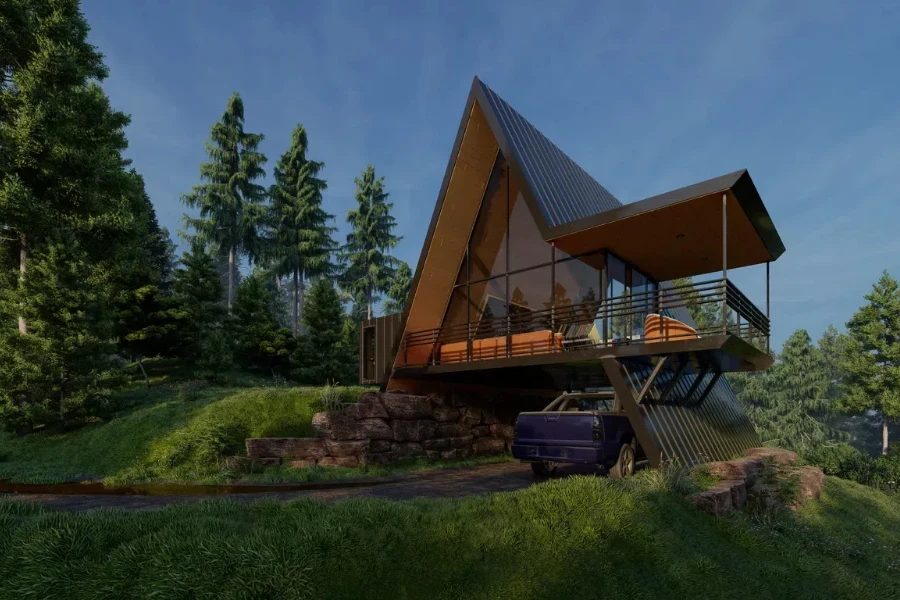 A-frame home with side extension over deck