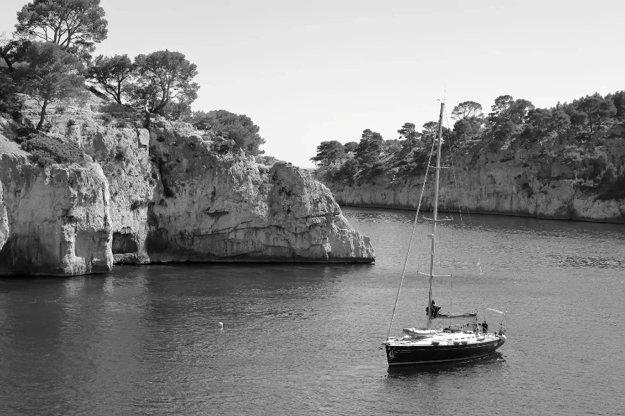 A sailing yacht in the bay on the seashore