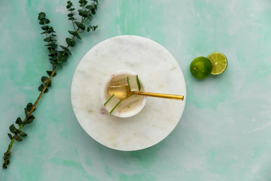 aloe vera pieces in white ceramic bowl