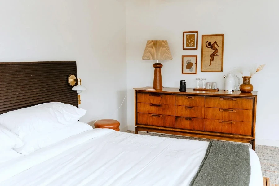 Bedroom with vintage wood dresser