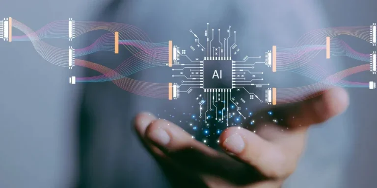 focus hand of businessman show virtual graphic data connect with AI
