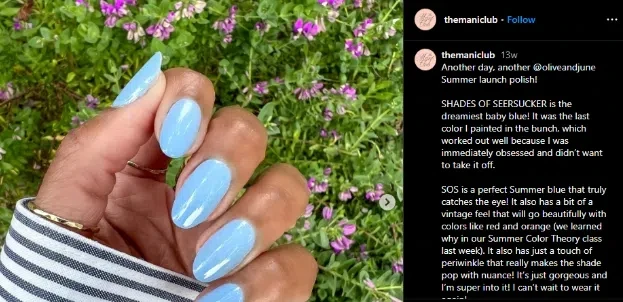 Hands with Chambray blue nails near some bushes