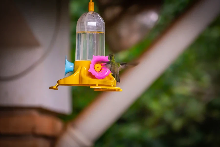 hummingbird feeder feeding from a yellow bottle with parts water