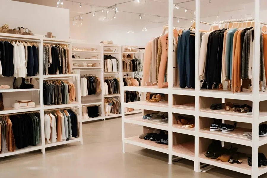 Multi-tier clothing racks in a boutique