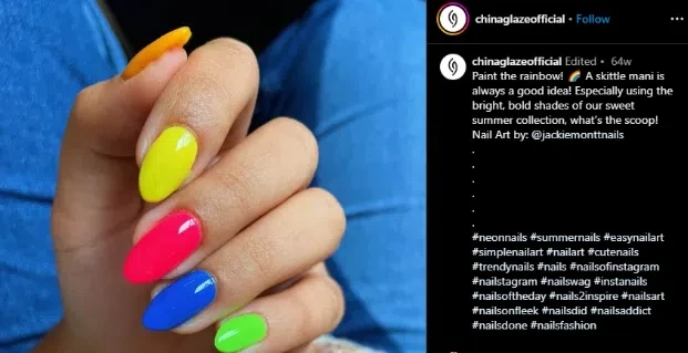 Multiple electric neon shades on a model’s nails