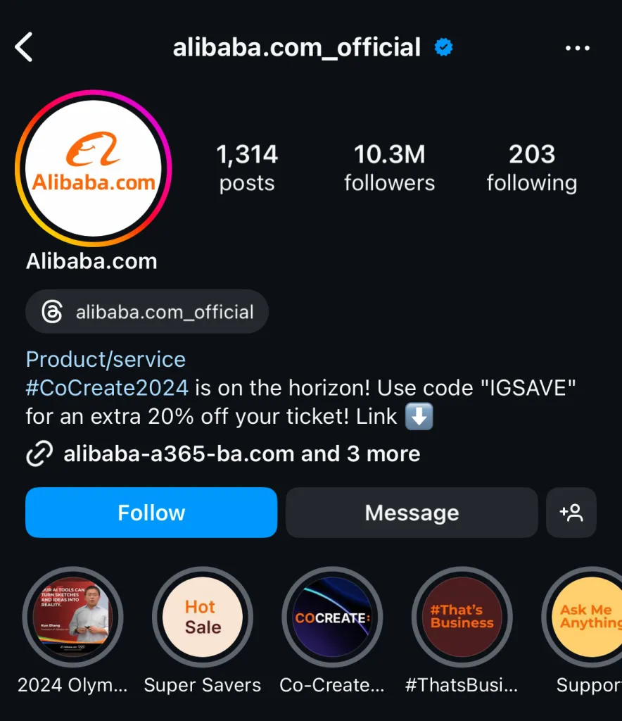 Screenshot from Aliababa.com’s Instagram profile