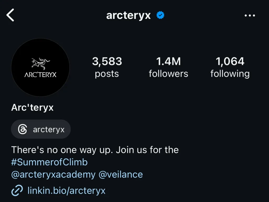 Screenshot of Arc'teryx's Instagram profile