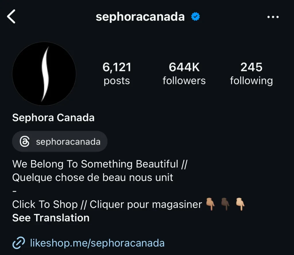 Screenshot of Sephora’s Instagram profile