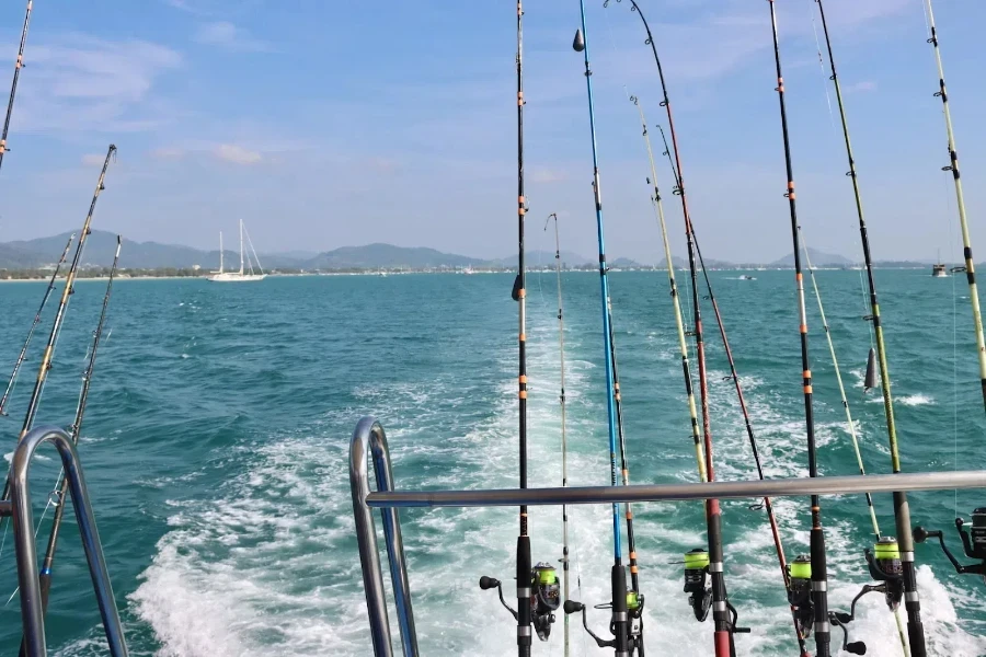 Selezione di canne da pesca sul retro di una barca